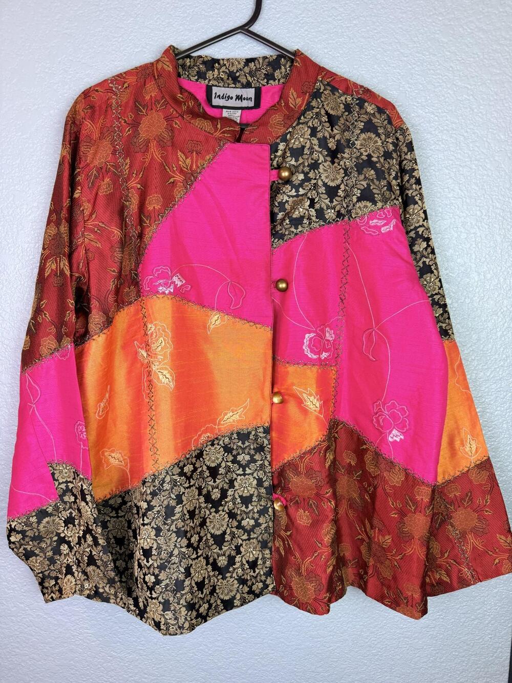 Indigo Moon Jacket Womens 1X Multicolor Patchwork Floral Embroidered Boho India